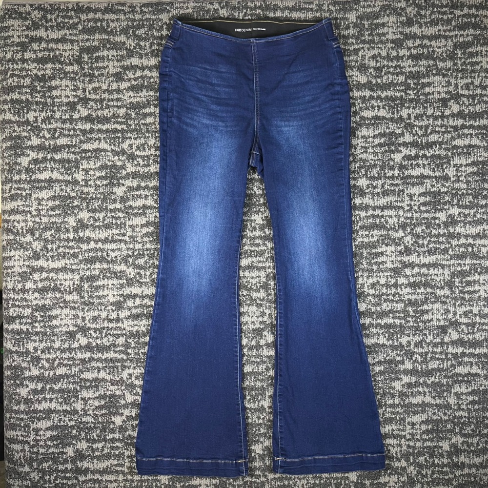 INC Denim Pull-On Flare Jeans Womens 10/30 Blue Dark Wash Stretch High Rise